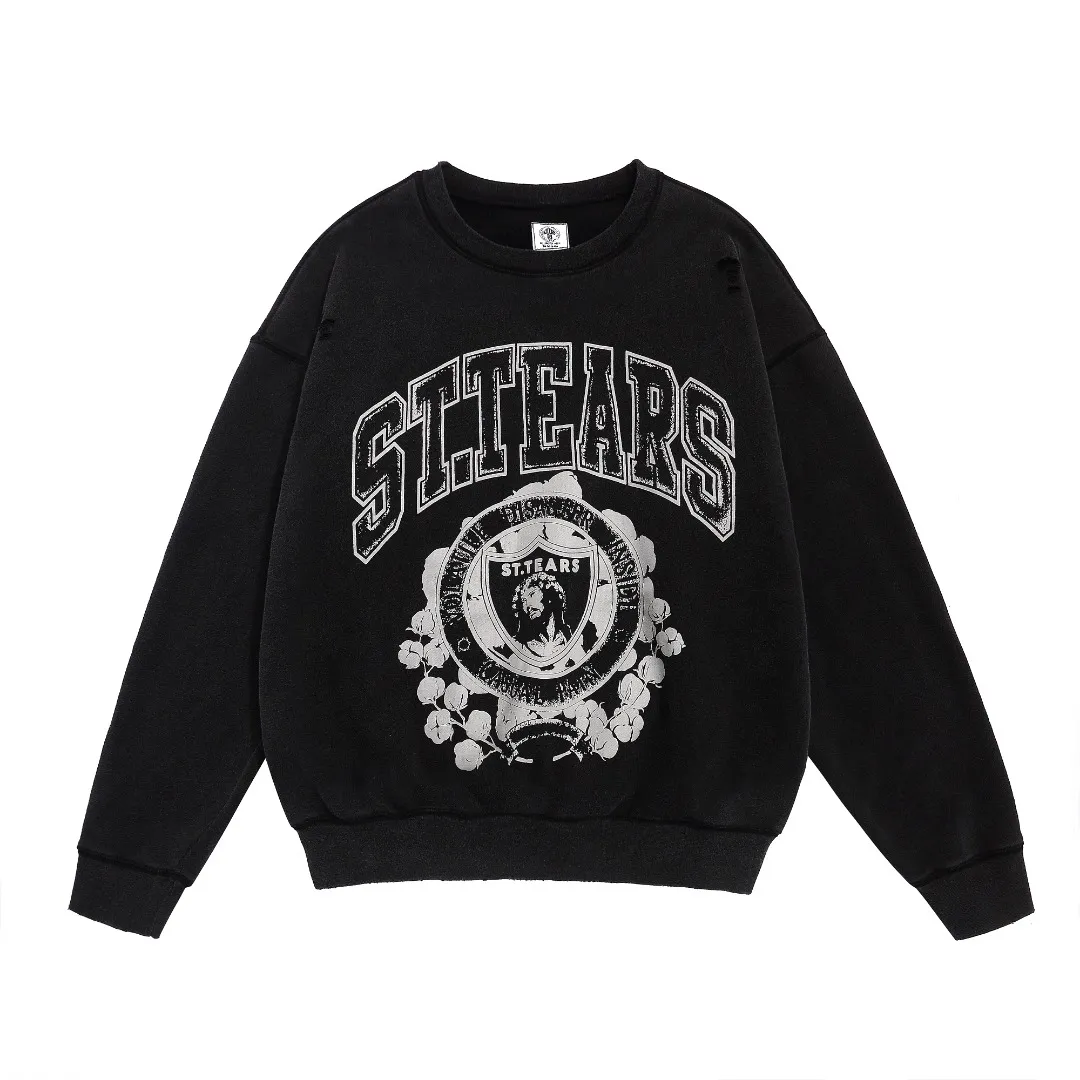 SAINT MICHAEL destroyed DENIM TEARS co-branded DT_CRW SWEAT washed distressed velvet loose sweatshirt Fabric: 420g Style number: SM611 Size: S-M-L-XL Color: Black Price: P198